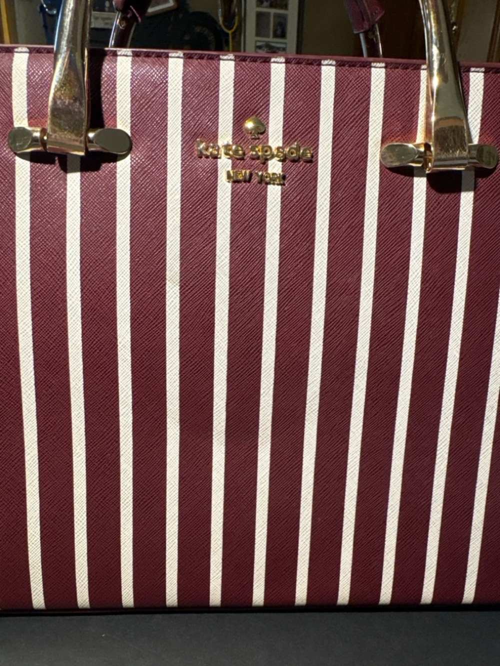Kate Spade Cameron Street Candace Satchel Burgundy Stripe Leather Crossbody Bag